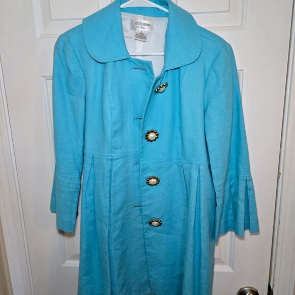 NWT Skirtin Around‎ Womens Teal Blue Bellcoat with Flower Pearl Buttons Size - 6 - Picture 1 of 12